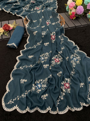 Ethina Fashion Embroidered Bollywood Georgette Saree(Dark Blue)