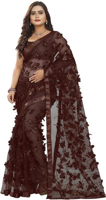 BRAHMIFASHION Embroidered Daily Wear Net Saree(Brown)