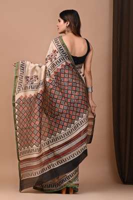 Taavi Blocked Printed Daily Wear Cotton Blend Saree(Beige)