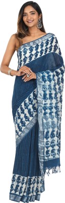 Teejh Printed Daily Wear Linen Saree(Blue)