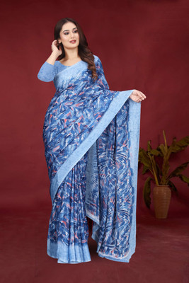 jihana fab Printed Kanjivaram Chiffon, Silk Blend Saree(Blue, Red)