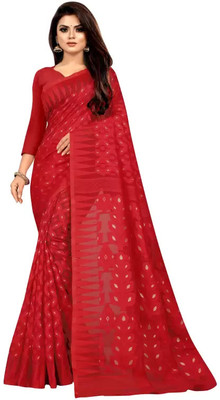 nebadita Self Design Jamdani Cotton Blend Saree(Red, White)