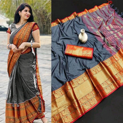 manmohitsaree Woven Banarasi Jacquard Saree(Grey)