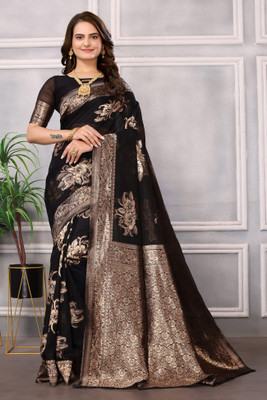 HITESH ENTERPRISE Self Design Banarasi Cotton Linen Saree(Black)