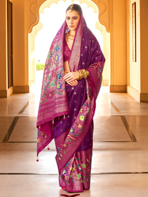 Tasrika Woven Banarasi Silk Blend Saree(Purple)