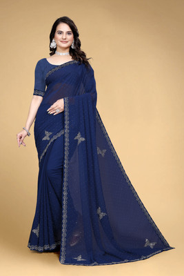 VEERAIVA Embroidered, Self Design Bollywood Chiffon Saree(Dark Blue)