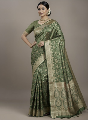 VIDRA Printed Banarasi Satin Saree(Light Green)