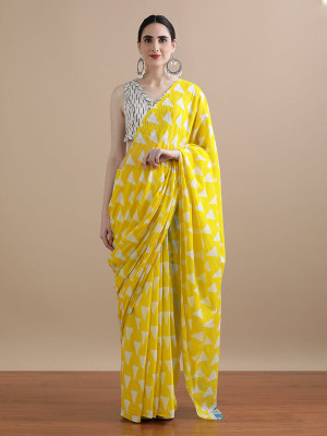 SHIVANYA HANDICRAFTS Printed, Floral Print, Blocked Printed Daily Wear Pure Cotton Saree(Yellow)