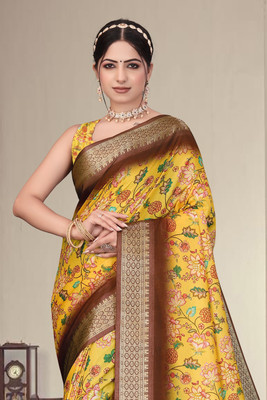 KB TEX Floral Print, Paisley, Woven Dharmavaram Cotton Silk Saree(Yellow)