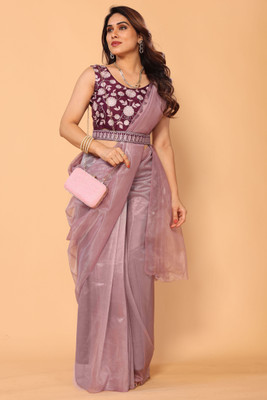 DWINIZAA STORE Solid/Plain, Embellished, Embroidered Bollywood Net Saree(Purple)