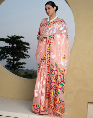 Satrani Woven, Embellished Jamdani Cotton Blend Saree(Multicolor)