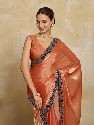 BFM Embroidered Bollywood Tissue Saree(Orange)