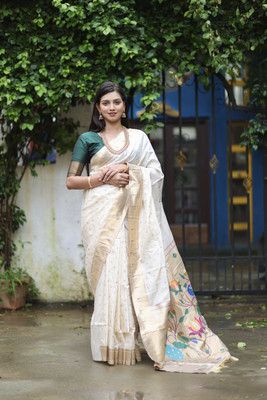 sarjan creation Woven Paithani Pure Cotton Saree(White, Green)