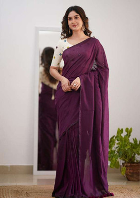 pal saree mahal Solid/Plain Handloom Pure Cotton Saree(Purple)