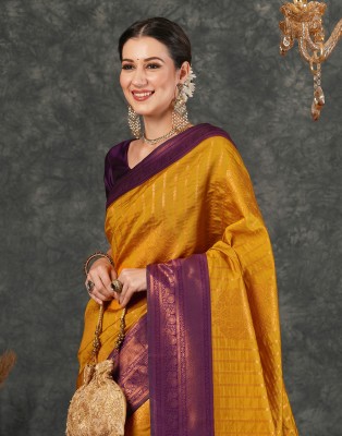 Samah Woven, Embellished Kanjivaram Silk Blend, Jacquard Saree(Mustard, Purple)