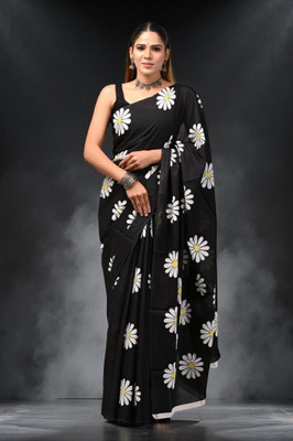 Myraani Floral Print Bollywood Cotton Linen Saree(Black)