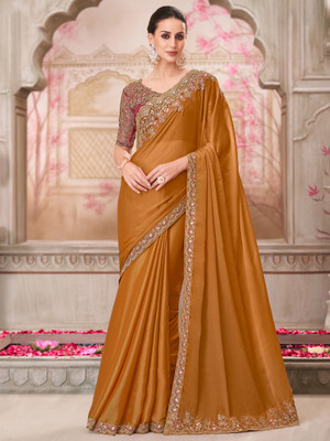 Sareemall Embellished Bollywood Satin Saree(Mustard)