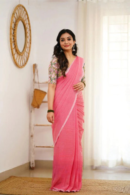 Padma Solid/Plain Saree with Attached Blouse Pure Cotton Saree(Pink)