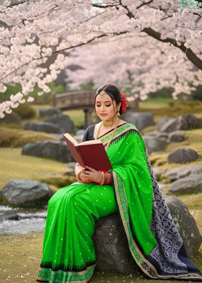 Tilfelle Woven, Geometric Print, Self Design, Temple Border Sambalpuri Silk Blend Saree(Green)