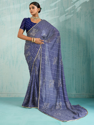 ANOUK Printed Leheria Chiffon Saree(Blue)