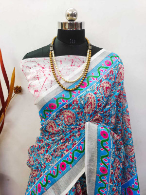 MAANVIT Self Design Kanjivaram Linen, Cotton Linen Saree(Blue)