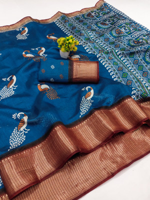 Bandhanivilla Printed Bollywood Cotton Blend Saree(Blue)