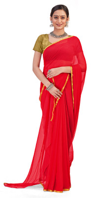 JiproStore Solid/Plain Daily Wear Chanderi Saree(Red)