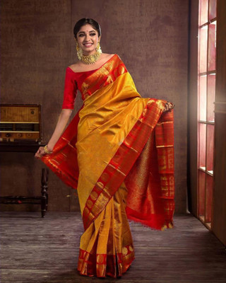 NIRLABH Striped Banarasi Pure Silk Saree(Yellow)