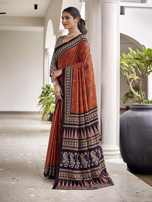 all about you Printed Bollywood Cotton Blend Saree(Orange)