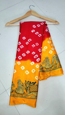 ZENFAB THREADS Animal Print, Blocked Printed Bandhani Crepe, Silk Blend Saree(Red, Yellow)