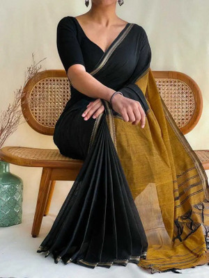 makalitraders Printed Handloom Cotton Blend Saree(Black, Yellow)