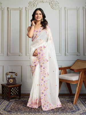 House of Pataudi Embroidered Saree with Attached Blouse Georgette Saree(White)