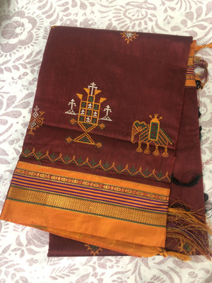 SnehaFashion Creation Embroidered Ilkal Cotton Blend, Mulmul Saree(Red)