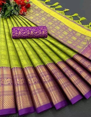 Juhi Collection Woven Kanjivaram Cotton Silk Saree(Purple)