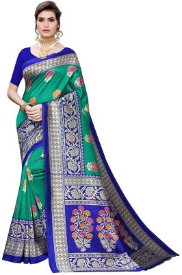 SVB Sarees Printed Assam Silk Art Silk Saree(Green, Blue)