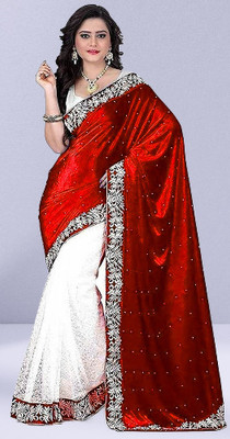 GUNHILD Self Design, Solid/Plain Banarasi Velvet, Brasso Saree(Red, White)