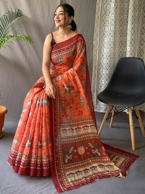 ANOUK Printed Baluchari Cotton Linen Saree(Orange)