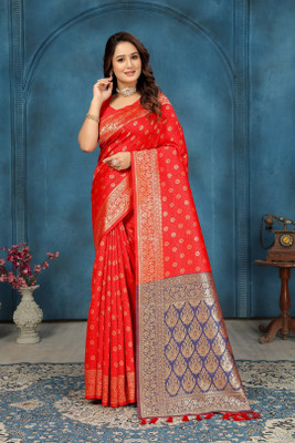kevami fashion Woven Kanjivaram Pure Silk Saree(Red)