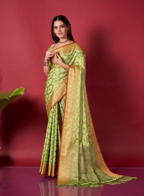 Jinal & Jinal Embellished, Embroidered Banarasi Silk Blend Saree(Light Green)