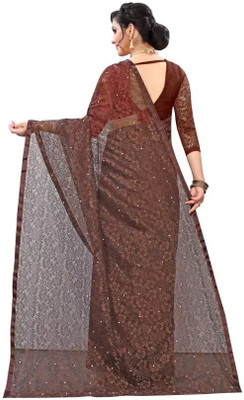 Paanthcreation Solid/Plain Bollywood Net Saree(Brown)