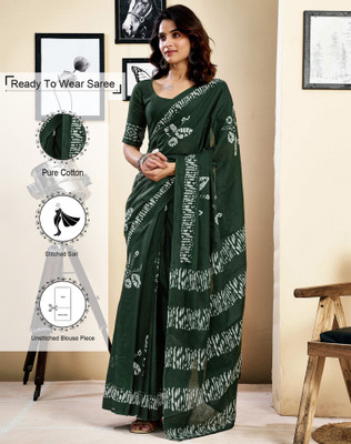 Tasrika Floral Print, Geometric Print, Printed Daily Wear Pure Cotton Saree(Dark Green, White)