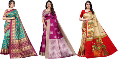 Nirvaan Printed Daily Wear Art Silk Saree(Pack of 3, Blue, Purple, Beige)