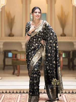 HouseOfCommon Woven Kanjivaram Pure Silk Saree(Black)