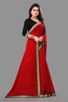 pari creation Solid/Plain Bollywood Georgette, Lace Saree(Red, Black)