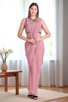 Traquila Self Design Saree with Attached Blouse Lycra Blend Saree(Pink)