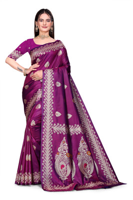 GHODTEXTILE Woven, Self Design, Floral Print, Temple Border Banarasi Pure Silk Saree(Purple)