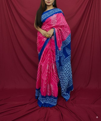 Reet Designer Printed, Blocked Printed Daily Wear Cotton Blend Saree(Pink, Blue)