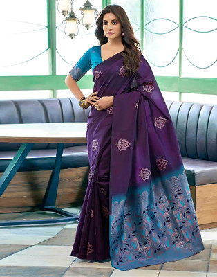 ZILVIRA Woven Kanjivaram Art Silk, Silk Blend Saree(Purple)