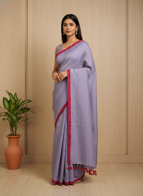 BongAp Self Design Handloom Cotton Blend Saree(Purple)
