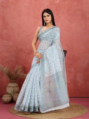 Jevi Prints Floral Print Daily Wear Pure Cotton Saree(Grey)